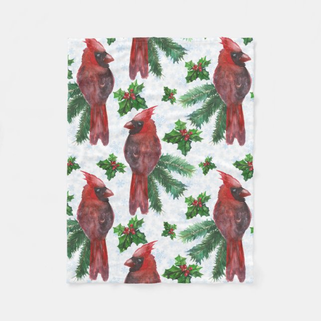 watercolor Red Cardinal Bird Fleece Blanket (Front)