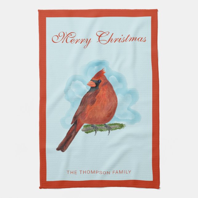 Watercolor Red Cardinal Bird Merry Christmas Tea Towel (Vertical)