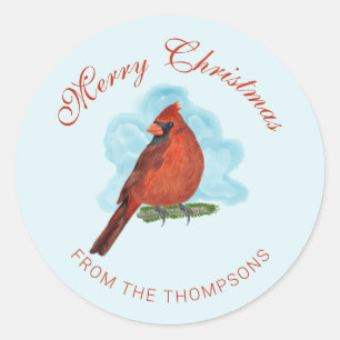 Watercolor Red Cardinal Bird Merry Christmas Text Classic Round Sticker