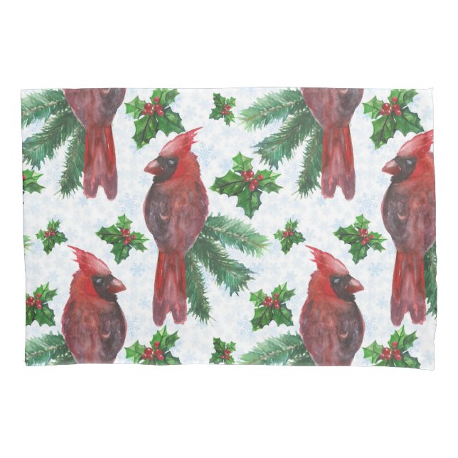 watercolor Red Cardinal Bird Pillowcase (Front)