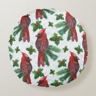 watercolor Red Cardinal Bird Round Cushion