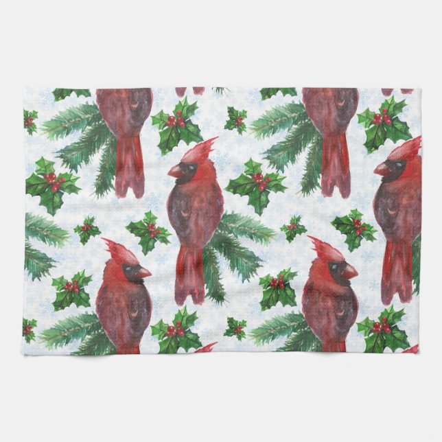 watercolor Red Cardinal Bird Tea Towel (Horizontal)