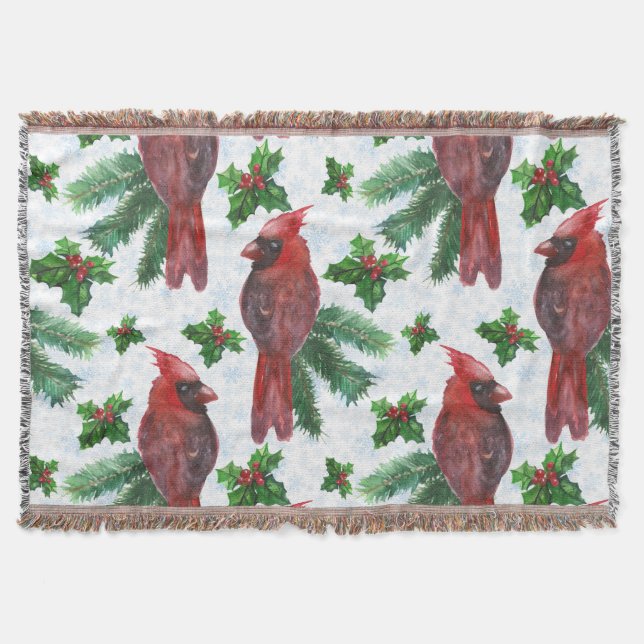 watercolor Red Cardinal Bird Throw Blanket (Front)