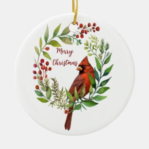 Watercolor Red Cardinal Bird Wreath Christmas Ceramic Tree Decoration
