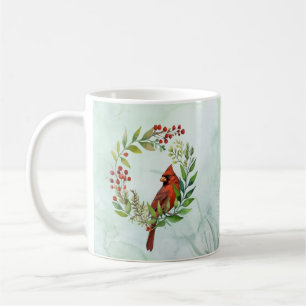 Watercolor Red Cardinal Bird Wreath Christmas Coffee Mug