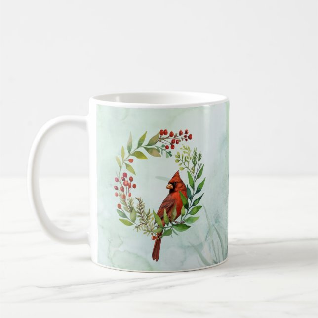 Watercolor Red Cardinal Bird Wreath Christmas Coffee Mug (Left)