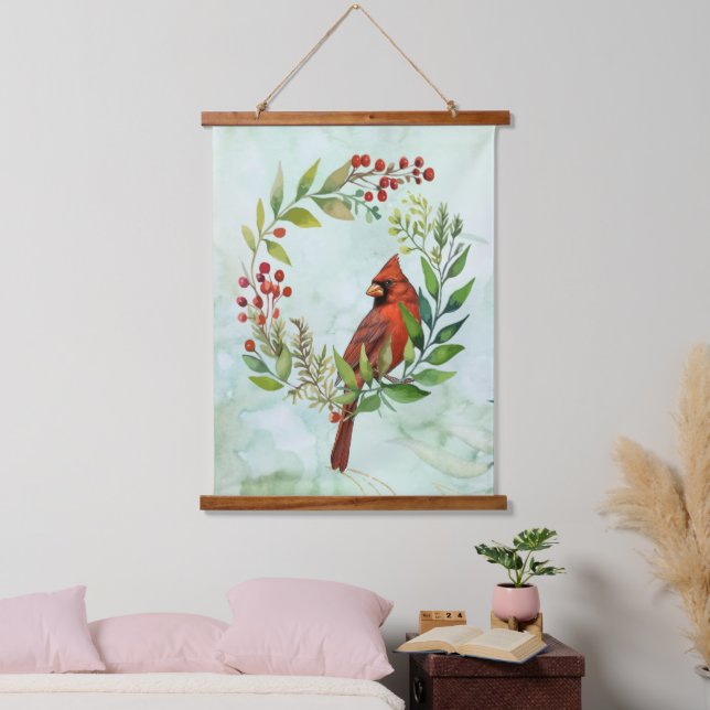 Watercolor Red Cardinal Bird Wreath Christmas Hanging Tapestry (Bedroom)