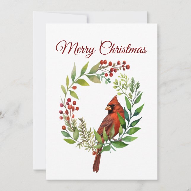 Watercolor Red Cardinal Bird Wreath Christmas Holiday Card (Front)