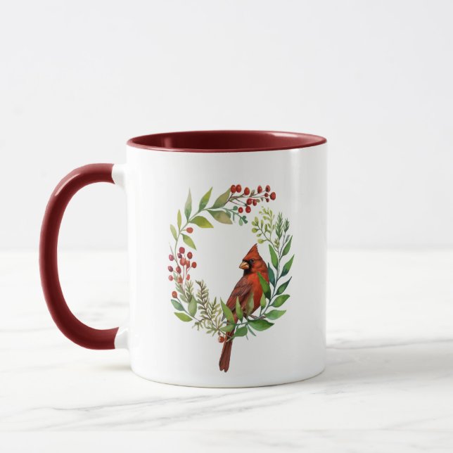 Watercolor Red Cardinal Bird Wreath Christmas Mug (Left)