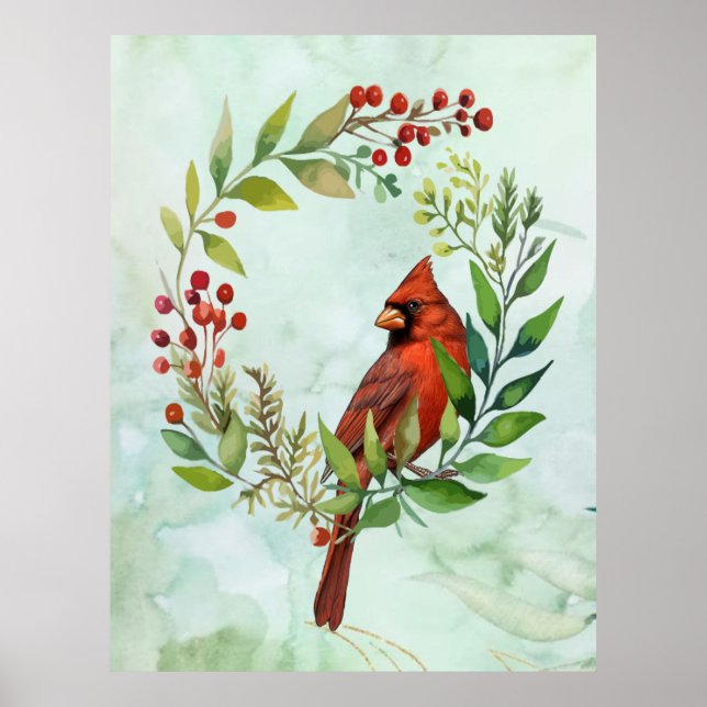 Watercolor Red Cardinal Bird Wreath Christmas Poster (Front)