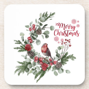 Watercolor Red Cardinal Bird Wreath  Coaster