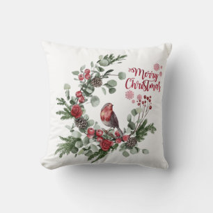 Watercolor Red Cardinal Bird Wreath Cushion