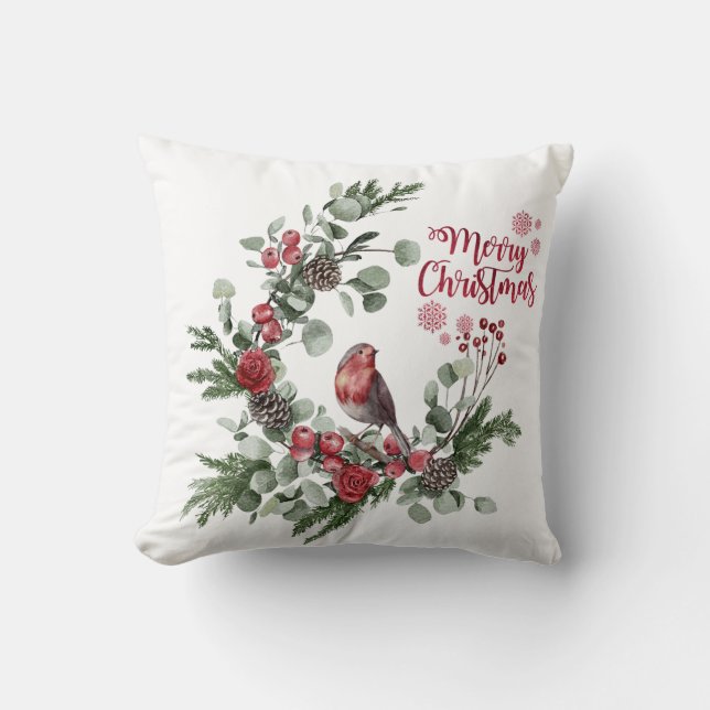 Watercolor Red Cardinal Bird Wreath Cushion (Front)