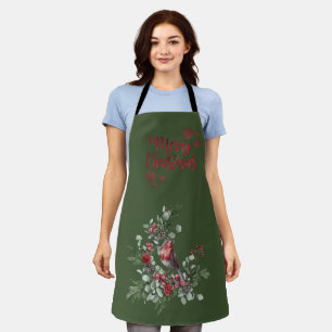 Watercolor Red Cardinal Bird Wreath Green Apron