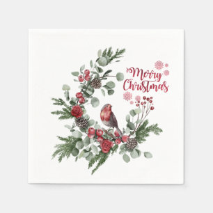 Watercolor Red Cardinal Bird Wreath   Napkin
