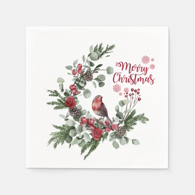Watercolor Red Cardinal Bird Wreath   Napkin (Front)