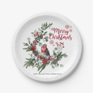 Watercolor Red Cardinal Bird Wreath Paper Plate
