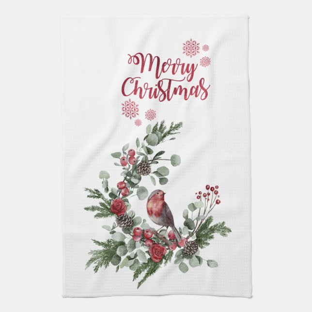 Watercolor Red Cardinal Bird Wreath  Tea Towel (Vertical)