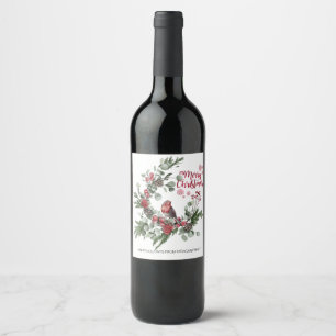 Watercolor Red Cardinal Bird Wreath    Wine Label