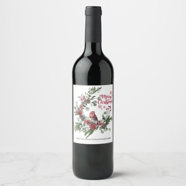 Watercolor Red Cardinal Bird Wreath    Wine Label (Front)