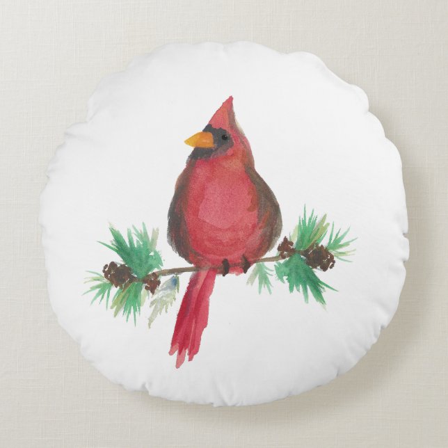 Watercolor Red Cardinal Christmas Round Cushion (Front)