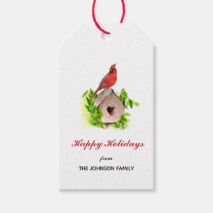 Watercolor Red Cardinal Happy Holidays Gift Tags