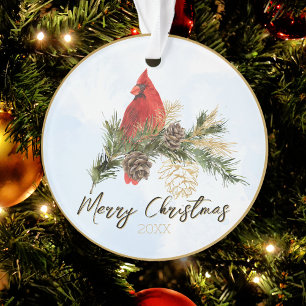 Watercolor Red Cardinal Merry Christmas Ornament