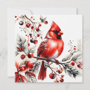 Watercolor Red Cardinal on the Berry Branch Holiday Card