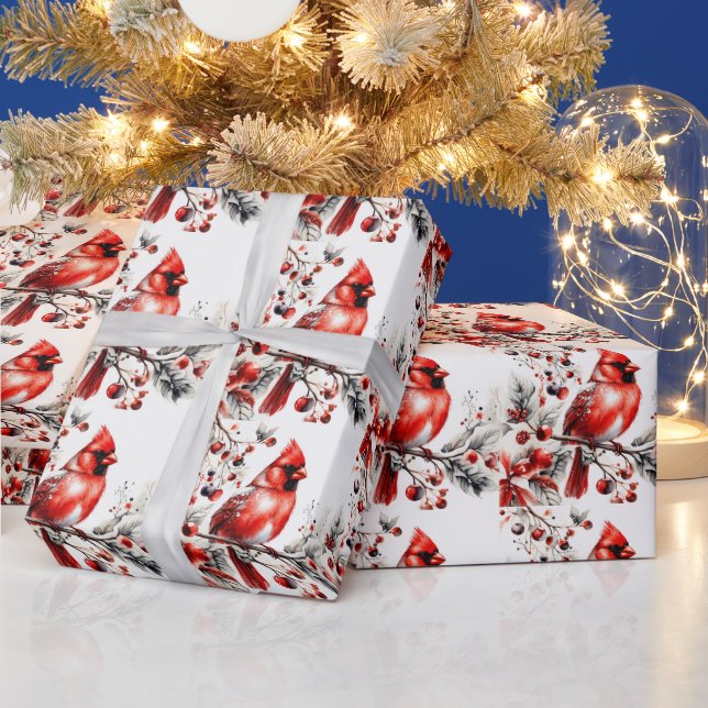 Watercolor Red Cardinal on the Berry Branch  Wrapping Paper (Holidays)