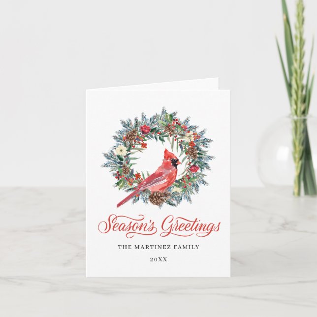 Watercolor Red Cardinal Pine Wreath Christmas Holi Holiday Card (Front)