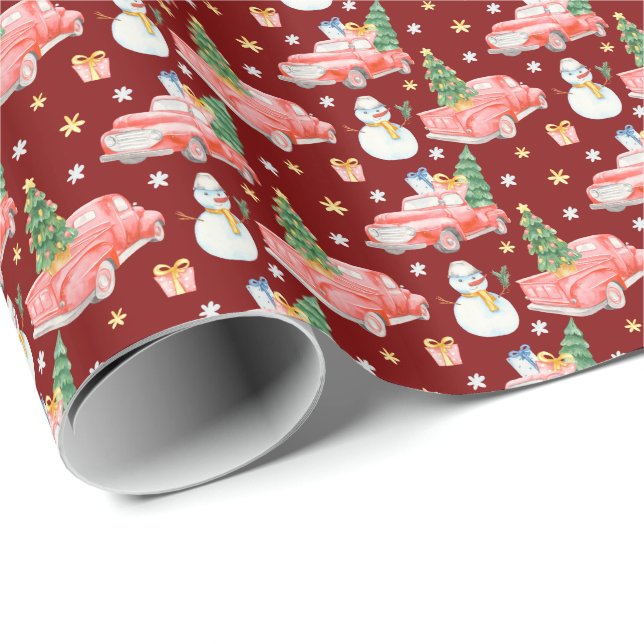 Watercolor Red Cars Christmas Trees and Snowmen Wrapping Paper (Roll Corner)