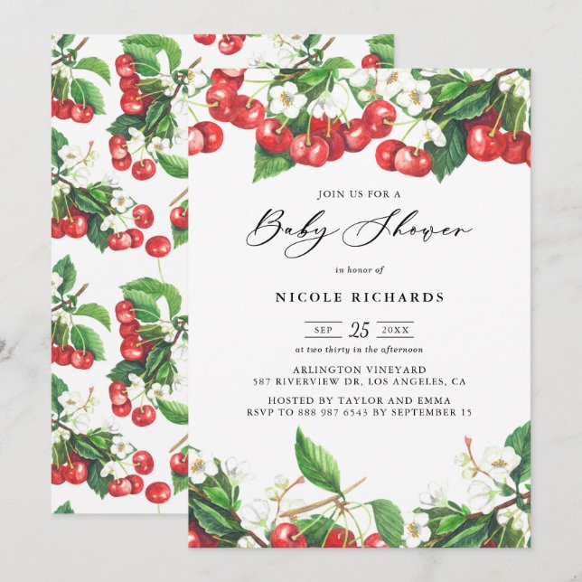 Watercolor Red Cherries Garland Baby Shower Invitation (Front/Back)