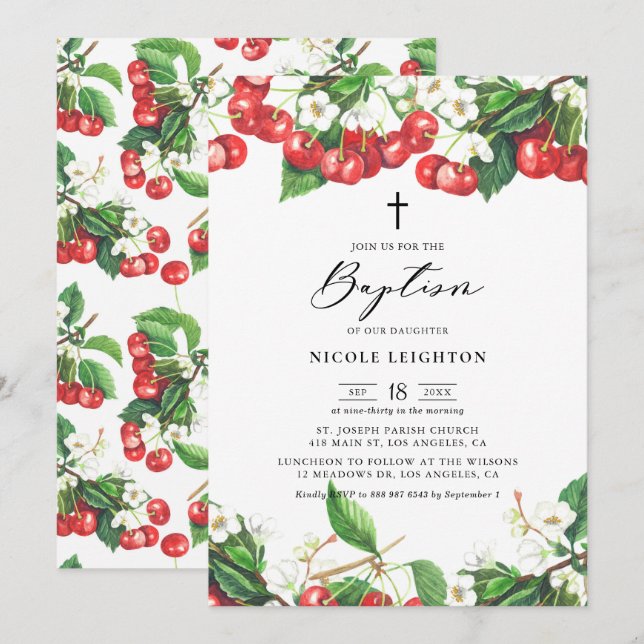 Watercolor Red Cherries Garland Baptism Invitation (Front/Back)