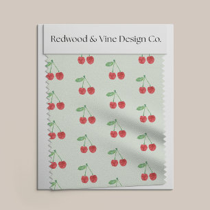 Watercolor Red Cherries on Pale Spring Green Fabric