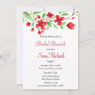 Watercolor Red Cherry Blossoms Bridal Brunch Invitation