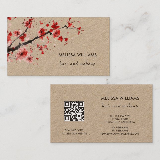 Watercolor Red Cherry Blossoms Kraft Paper Business Card (Front/Back)