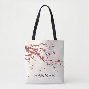 Watercolor Red Cherry Blossoms (Sakura) Floral Tote Bag