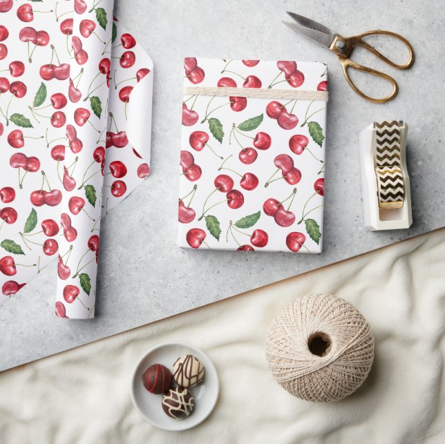 Watercolor Red Cherry Fruit  Wrapping Paper (Crafts)