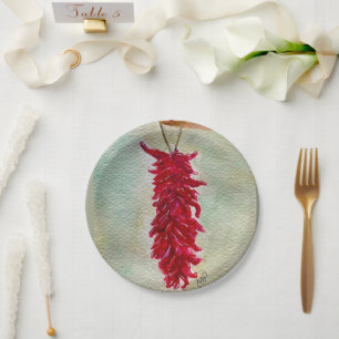 Watercolor Red Chile Ristra New Mexico Paper Plate