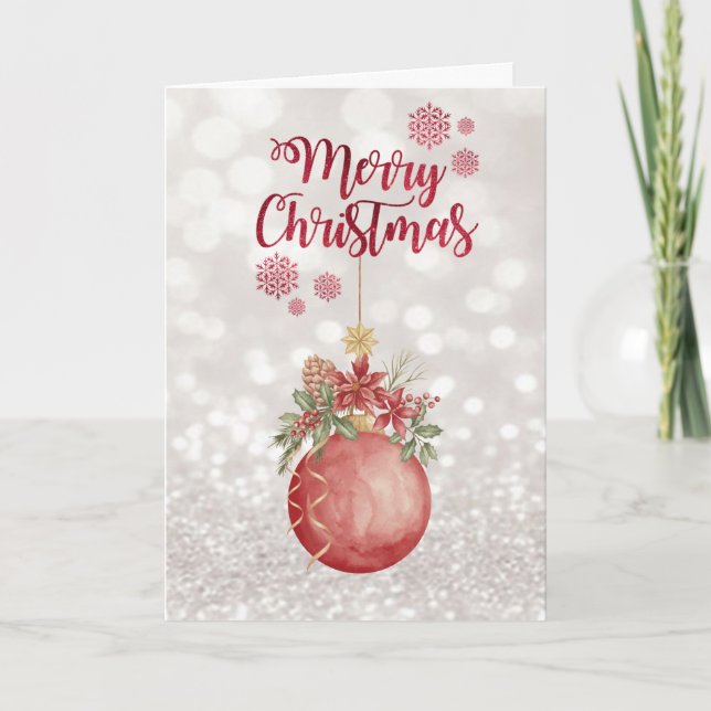 Watercolor Red Christmas Ball,Glittery Bokeh  Holiday Card (Front)