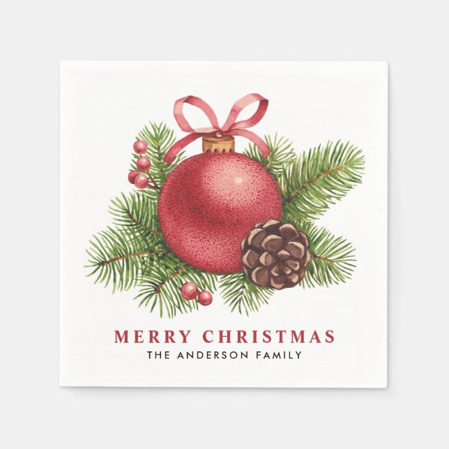 Watercolor Red Christmas Ball Ornament Holiday Napkin (Front)
