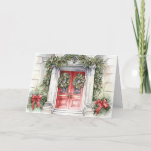 Watercolor Red Christmas Door Holiday Card