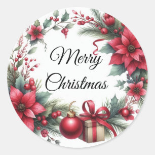 Watercolor Red Christmas Flower  Classic Round Sticker