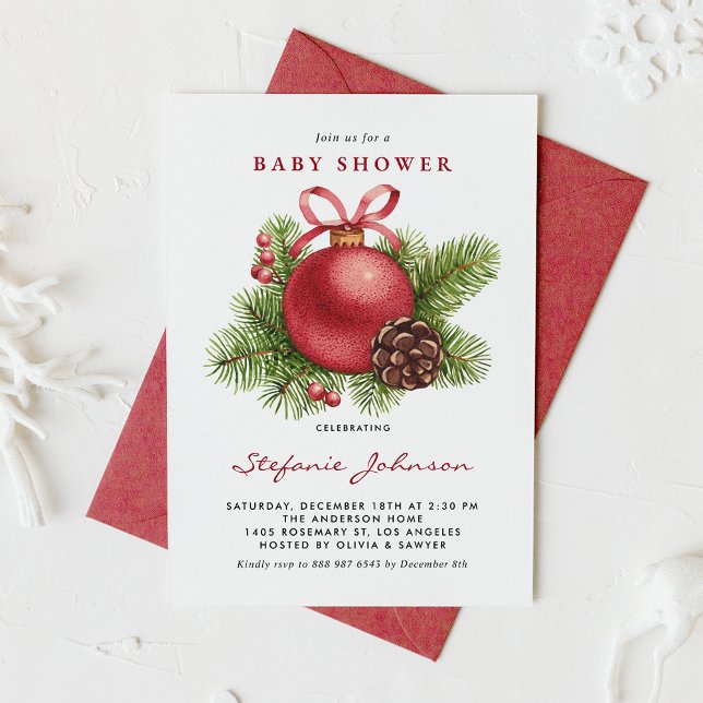 Watercolor Red Christmas Ornament Baby Shower Invitation (Creator Uploaded)
