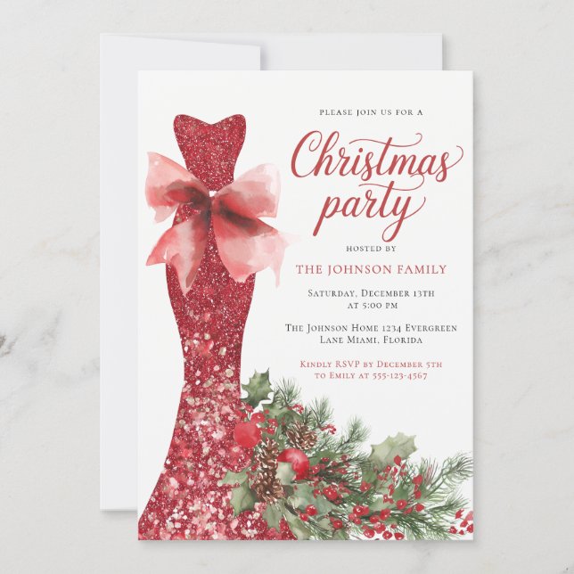 Watercolor Red Christmas Party Invitation (Front)