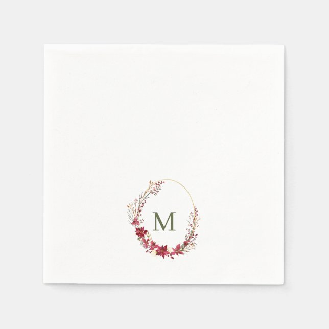 Watercolor Red Christmas Wreath Monogram Napkins (Front)
