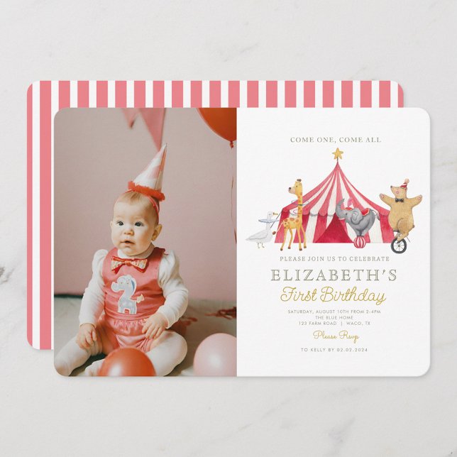 Watercolor Red Circus Photo Carnival Baby Birthday Invitation (Creator Uploaded)