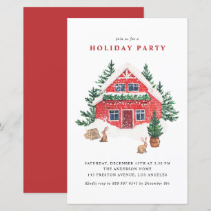 Watercolor Red Cottage Holiday Party Invitation