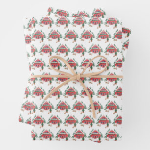 Watercolor Red Cottage Winter Pattern Holiday Wrapping Paper Sheet