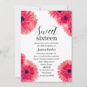 Watercolor Red Dahlia Daisy Sweet 16 Sixteen Invitation